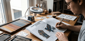Homme entrain de colorier un coloriage mystère